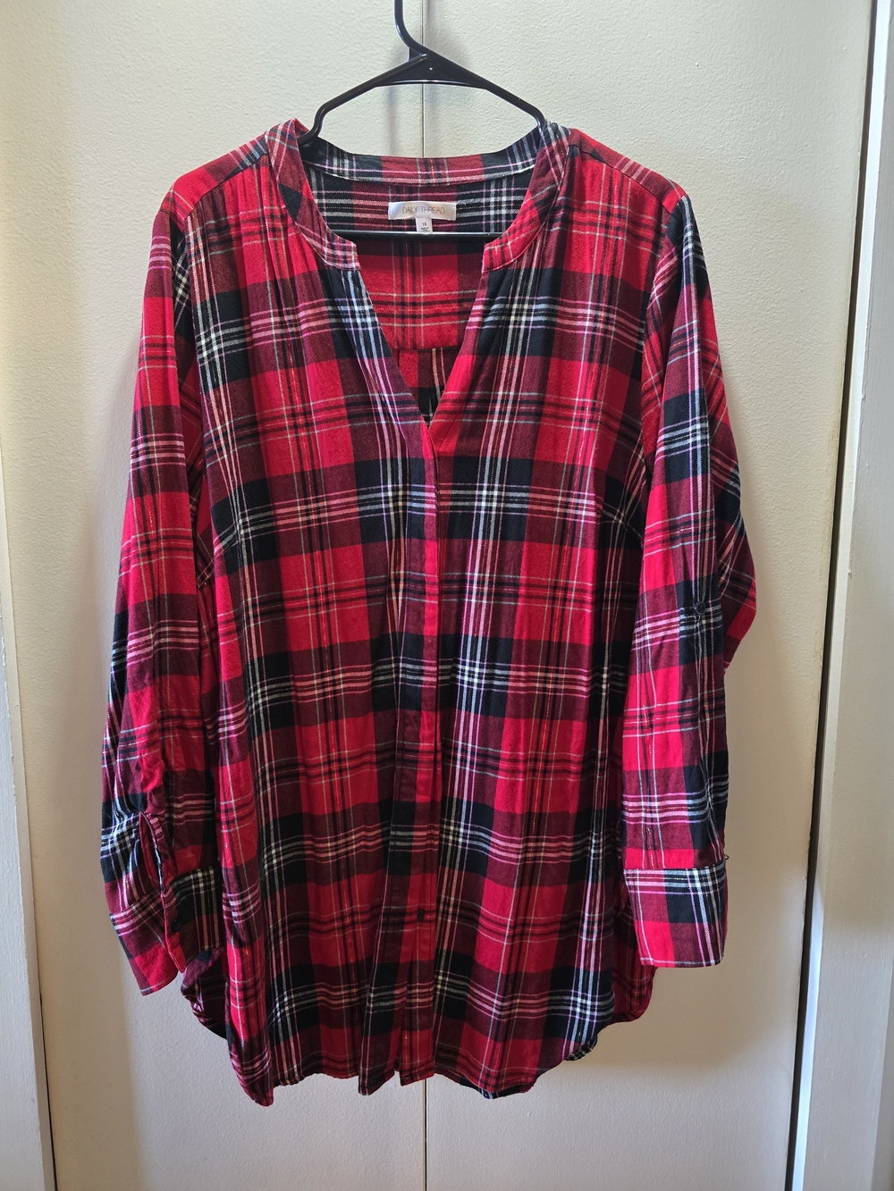 Red Plaid Split-Neck Button Down Shirt